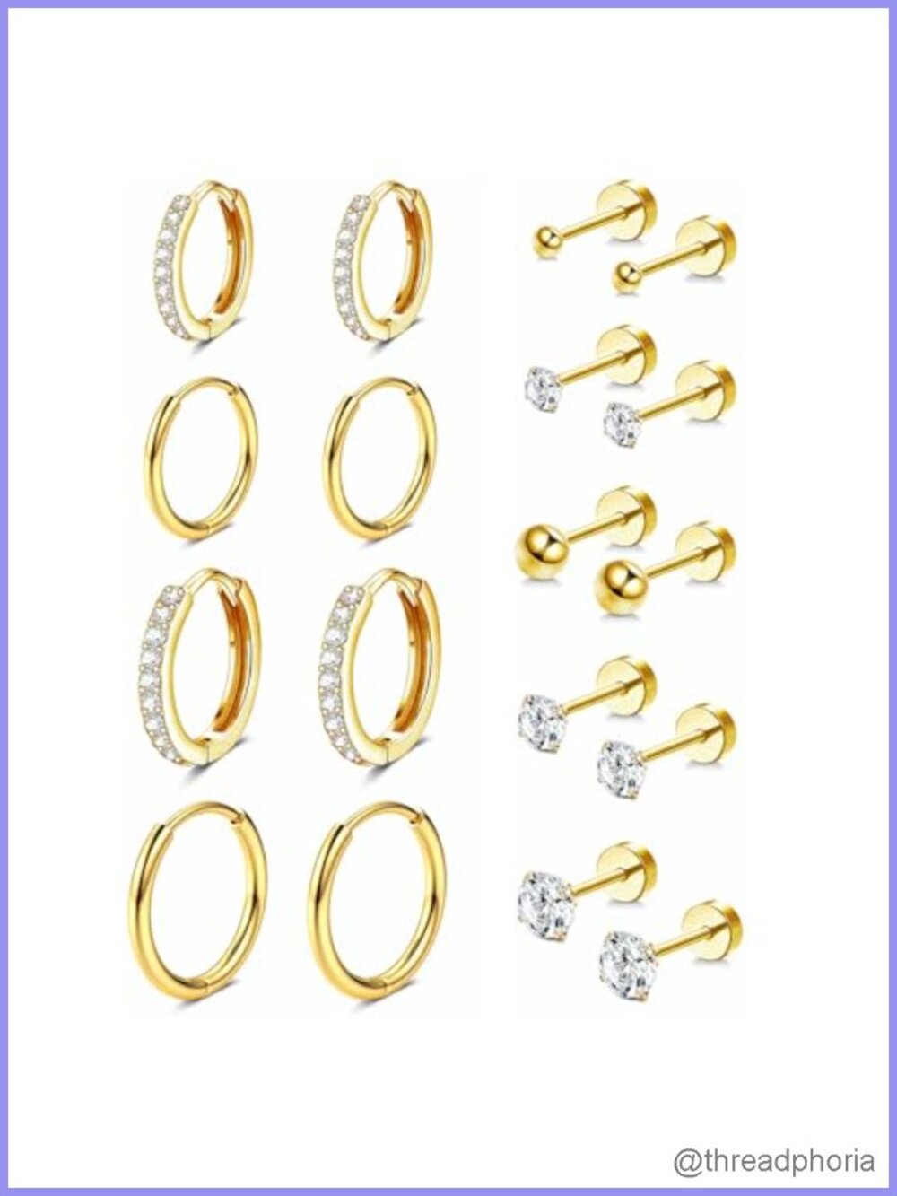 14K Gold Plated Flat Back Stud & Huggie Hoop Earrings Set Hypoallergenic